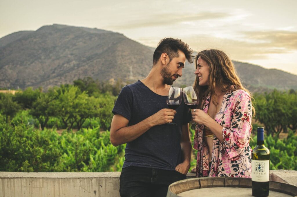 Couple drinking wine in Maipo Valley, Antiyal